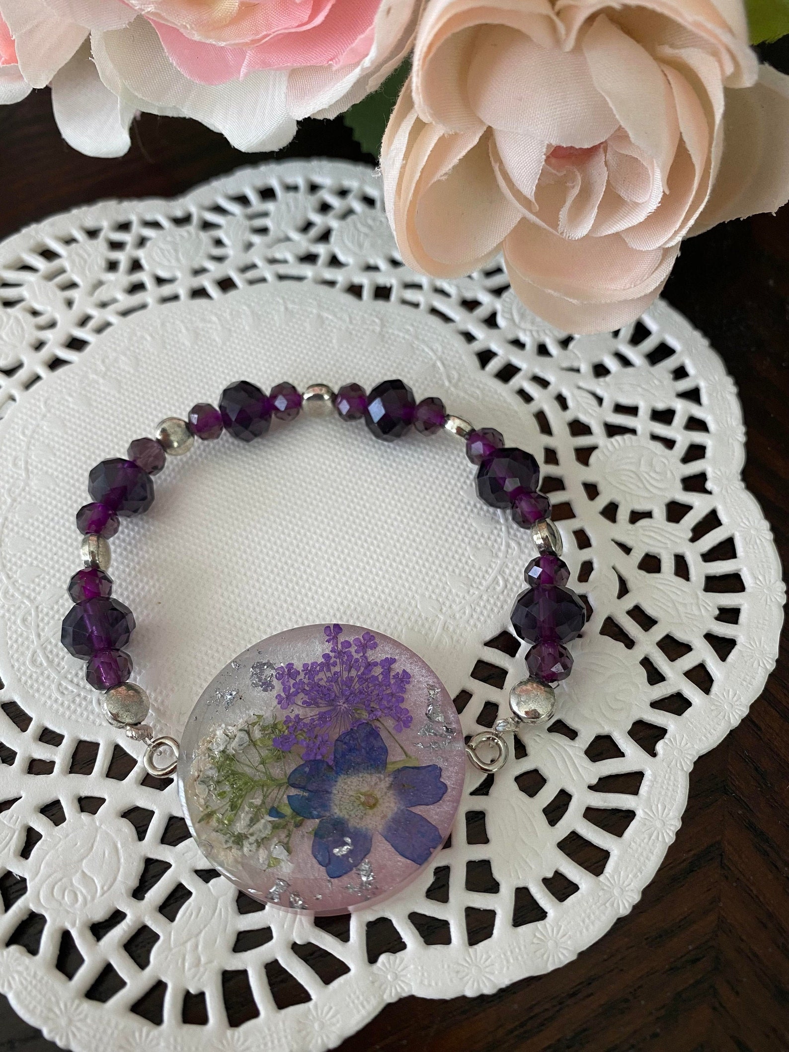 Dried flower resin bead bracelet Etsy