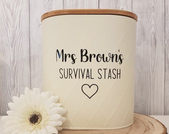 Cream Personalised Tin with wooden lid | Teacher's Survival Stash Tin, Secret Stash Tin | Family treat tin | Teachers Leaving Gift