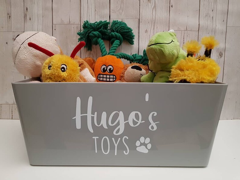 Op de afbeelding: Een grijze plastic speelgoedopbergbox met de woorden "Hugo's Toys" en een pootprint in wit. De box is gevuld met verschillende pluche speelgoed, waaronder een groene kikker, een gele bij, een bruine beer en een oranje wortel.