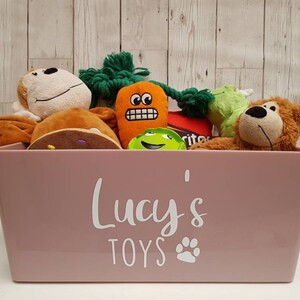Op de afbeelding: Een roze opbergbak met de tekst "Lucy's Toys" en een pootprint. De bak is gevuld met knuffels, waaronder een bruine aap, een groen-wit wezen, een speelgoed in de vorm van een wortel en een bruine beer.