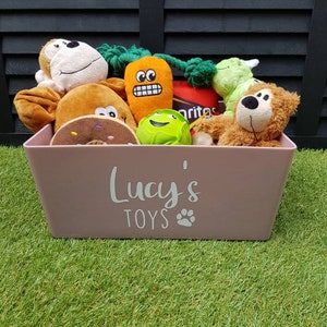 Op de afbeelding: Een roze opbergbak met de woorden "Lucy's Toys" en een pootprint op de voorkant. De bak is gevuld met een verscheidenheid aan hondenspeelgoed, waaronder een pluche aap, een pluche wortel, een groen touwspeelgoed, een groene rubberen bal, een pluche donut, een bruine pluche hond en een pluche beer.