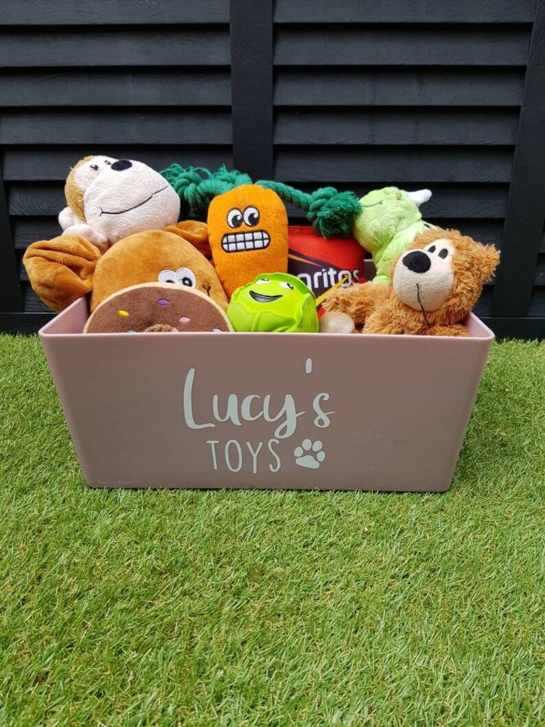 Op de afbeelding: Een roze opbergbak met de woorden "Lucy's Toys" en een pootprint op de voorkant. De bak is gevuld met een verscheidenheid aan hondenspeelgoed, waaronder een pluche aap, een pluche wortel, een groen touwspeelgoed, een groene rubberen bal, een pluche donut, een bruine pluche hond en een pluche beer.