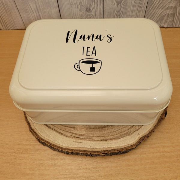 Personalised Tea Caddy Tin with easy glide lid, hot chocolate sachets, hot drinks