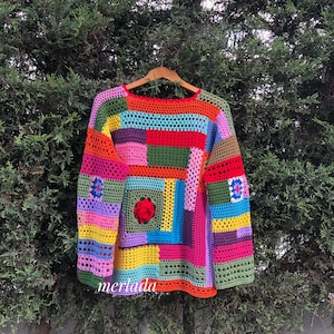 patchwork crochet sweater, forwomen, 70'style, vintage, forher, women clothing, hippie style, unisex clothing, vintage crochet,