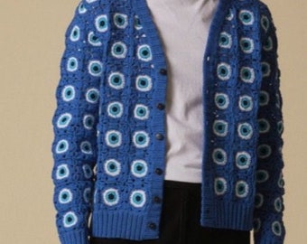 granny square cardigan,evil eye cardigan,men's clothes, women clothes, unisex, outfits, blue, cowboy style,