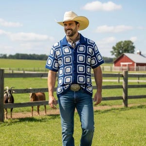 Camisa de patchwork de crochet, camisa de manga corta con cuadros de abuela