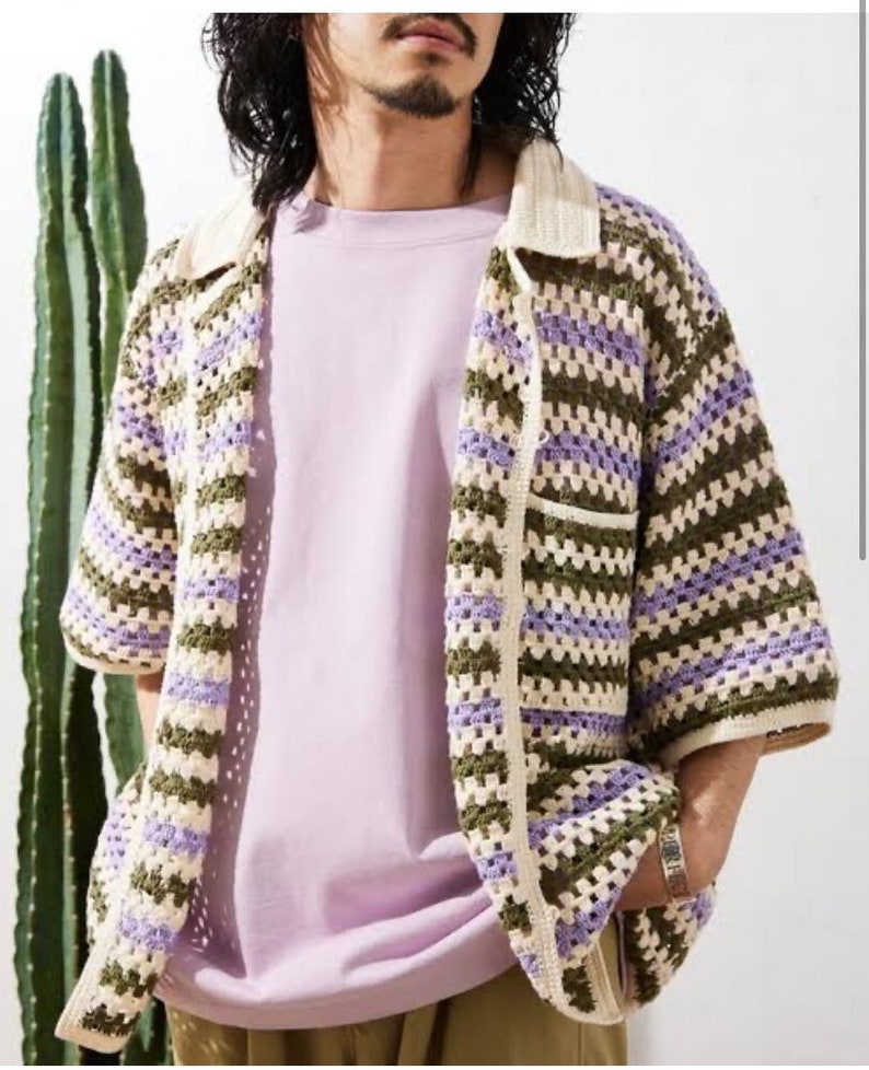 Chemise rayée au crochet, chemise à poche, caleçon pour homme au crochet, manches courtes, oversize, grande taille, streetwear image 1