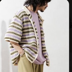 Crochet striped shirt, pocket shirt, crochet men seeater, short sleeve, oversize, plussize, street wear image 2