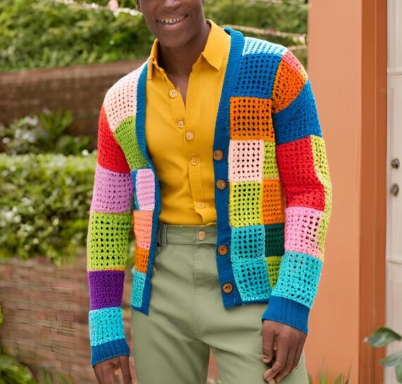 Granny Square Cardigan Men Clothing xmas Crochet Men Cardigan outfits urban Style Overshirt Plussize Colorfulll Funny Cardigan Etsy