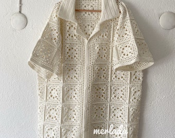 Chemise carrée grand-mère, chemise homme au crochet, vêtements pour hommes, style vintage, unisexe, rétro, cadeau de Noël, Noël, pull homme au crochet, grande taille, chemise d'été