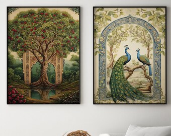 Peacock Tree of Life Prints, Mughal Indian Art Set (Digital Download)