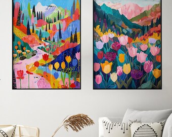 Mountain Valley Art Print Set – Abstract Floral Hills (Digital Download)
