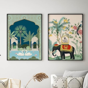 Indian Royal Art Set of 2, Vintage Prints, Living Room decor, Gallery wall set, Peacock Elephant Painting, Poster Bundle [4]