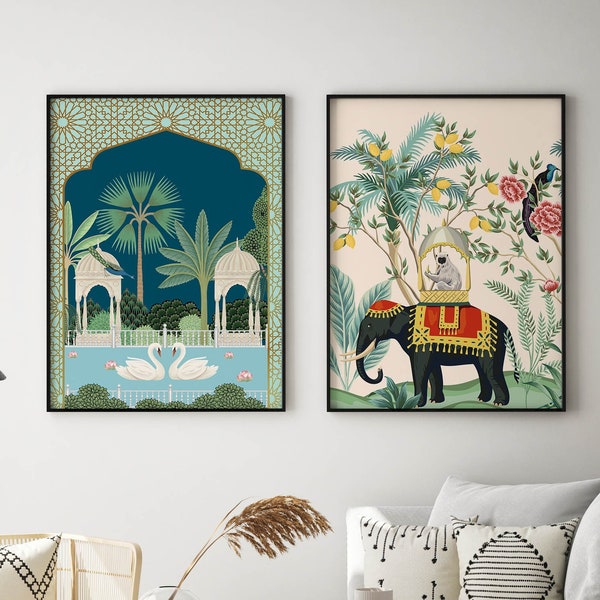 Indian Royal Art Set of 2, Vintage Prints, Living Room decor, Gallery wall set, Peacock Elephant Painting, Poster Bundle [4]