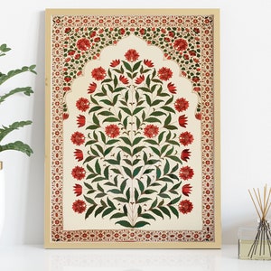 Indian Floral Folk Art Print, Living Room Decor, Printable Indian Vintage Painting, Floral Jharokha Painting, Mughal Vintage Wall Art