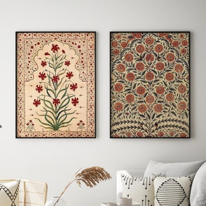 Indisches Vintage Blumenkunst-Set, Folk Prints, Mughal Wohnzimmerdekor, Galeriewandset, Poster Bundle