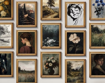 Vintage Gallery Wall Art Set of 15, Eclectic Antique Prints (Digital Download)