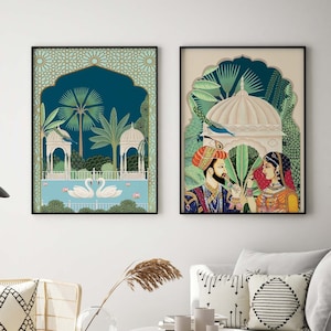 Indian Royal Art Prints, Raja Rani Swan Paintings Set (Digital Download)