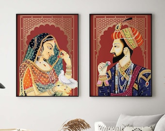 Indian Royal Raja Rani Art, Set of 2, Vintage Prints, Living Room decor, Gallery wall set, Indian Art Painting, Poster Bundle
