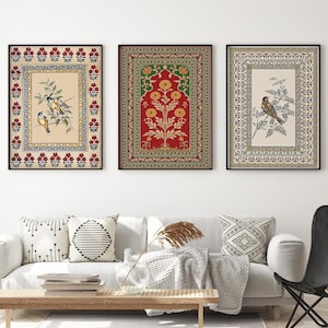 Indian Folk Art, SET OF 3 Floral Prints, Living Room decor, Gallery wall set, Indian Vintage, Pichwai Painting, Poster Bundle