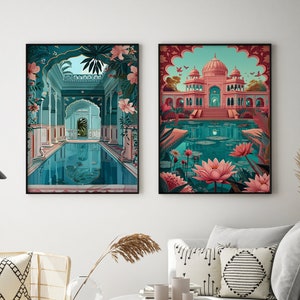 Indian Mughal Travel Wall Art Set of 2, Desi Digital Art Prints, Living Room decor, Lotus Gallery wall set, Blue and Pink Poster Bundle