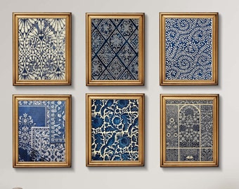 Indigo Blue Art Prints Set, Bohemian Gallery Wall Decor (Digital Download)