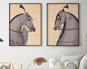 Mogolpaardschilderij, vintage kunst in Perzische stijl (digitale download)