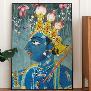 Krishna Pichwai Printable Wall Art, Vintage Indian Folk Decor, Hindu Home Decor, Instant Download, Traditional Paintings, Religious Poster