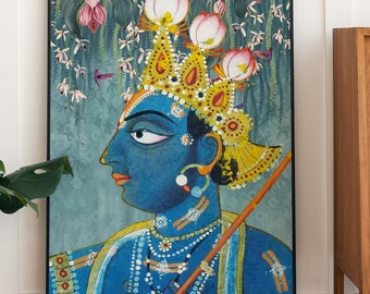 Krishna Pichwai Art Print, decoración popular india vintage (descarga instantánea)