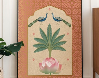 Peacock & Lotus Indian Art Print | Tropical Boho Decor (Digital Download)