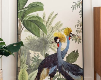Vintage Crowned Crane Print | Tropical Birds Botanical Art (Digital Download)