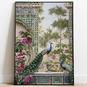 Peacock Mughal Indian Art, Floral Nature Prints, Living Room decor, Indian Vintage Palace Royal Painting, Poster, Wall Art