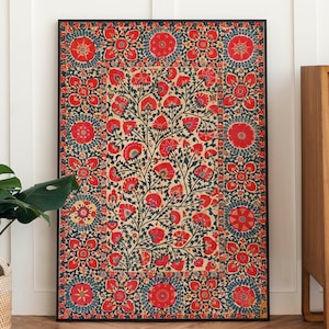 Indian Folk Art Wall Decor - Colorful Asian Suzani Textile Print, Vintage Indian Art, Timeless Boho Home Accent