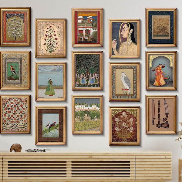 Art vintage indien, lot de 15 estampes vintage, décoration de salon, ensemble mural de galerie, lot d'affiches vintage moghole