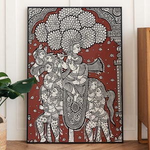 Indische Kalamkari Malerei digitaler Download, Vintage indische Volkskunst Plakat, Wohnzimmer Wandkunst, Textilkunst-Dekor