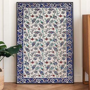 Turkish Vintage Art Poster, Ottoman Floral Print Wall Decor, Islamic Wall Art, Gifts for House Warming, Blue Floral Art