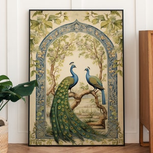 Peacock Mughal Indian Art, Floral Nature Prints, Vintage Palace Wall Decor, Indian Poster, Hand-Painted Digital Download, Home & Living