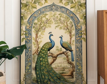 Peacock Mughal Indian Art, Floral Nature Prints, Vintage Palace Wall Decor, Indian Poster, Hand-Painted Digital Download, Home & Living