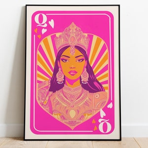 Desi Herzkönigin Spielkarten Kunst | Indian Pop Art Pink & Orange Wandkunst für Sie | Preppy Y2K Maximalist Dekor