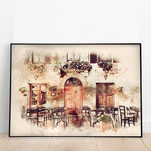 Vintage Cafe Painting, Printable Wall Decor, Home Decor, Neutral Wall Art, Hand Painted Wall Art, Europe Travel Poster