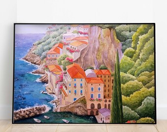 Mediterranean Landscape Painting, Coastal Village Art (Digital Download)