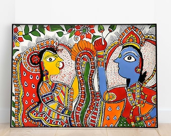 Radha Krishna Madhubani Painting, Indian Folk Art Print (Digital Download)