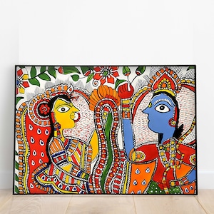 Indian Madhubani Painting, Radha Krishna Wall Art, Vintage Indian Folk Art Poster, Living Room decor, Digital Download.