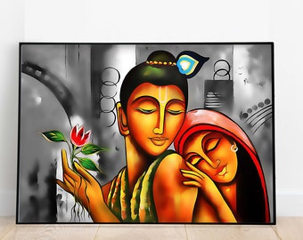 Radha Krishna Painting, Abstract Indian Folk Art Poster (Instant Download)