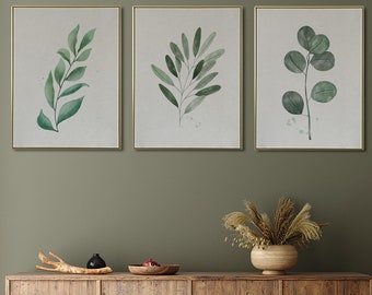 Watercolor Botanical Leaf Art Print, Sage Green Farmhouse Decor (Digital Download)