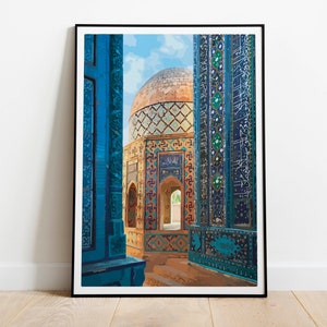 Uzbekistan Wall Art, Living Room Decor, Digital Download, Travel Poster, Arabic, Instant Download, Blue Painting, Poster, Wall Art,Paintings