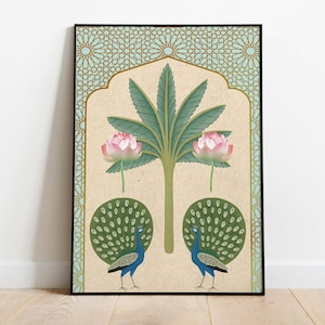 Peacock Indian Art, Floral & Nature Prints, Living Room decor, Printable, Indian Lotus Digital Art, Poster, Wall Art,Paintings