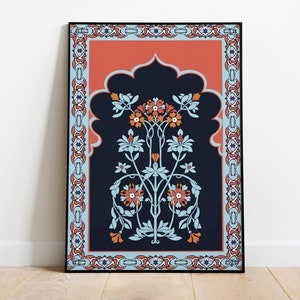 Blue Indian Floral Art Print, Living Room decor, Printable, Indian Vintage,Mughal Floral Poster, Wall Art, Traditional Paintings
