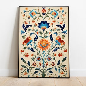 ヴィンテージ インド アート、花の宮殿絵画、室内装飾、ムガル帝国の花のモチーフ、インドのポスター、ボヘミアン ウォール アート