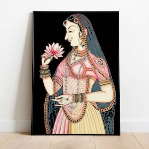 Indian Folk Wall Art – Royal Princess with Lotus, Printable Palace Painting for Living Room Decor, Bani Thani Poster